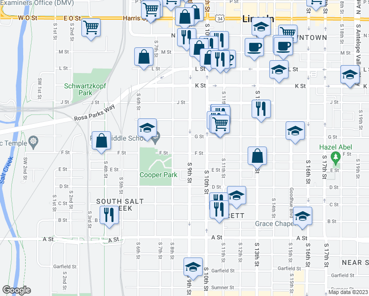 map of restaurants, bars, coffee shops, grocery stores, and more near 815 F Street in Lincoln