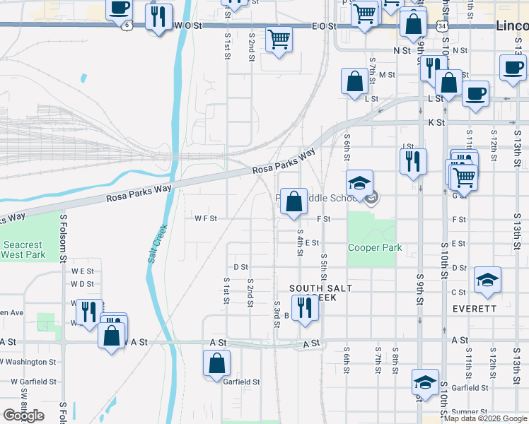 map of restaurants, bars, coffee shops, grocery stores, and more near 209 F Street in Lincoln
