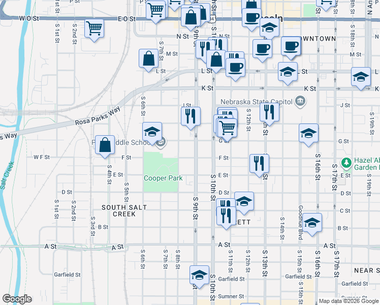 map of restaurants, bars, coffee shops, grocery stores, and more near 815 F Street in Lincoln
