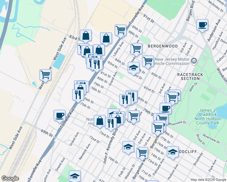 map of restaurants, bars, coffee shops, grocery stores, and more near 1400 78th Street in North Bergen