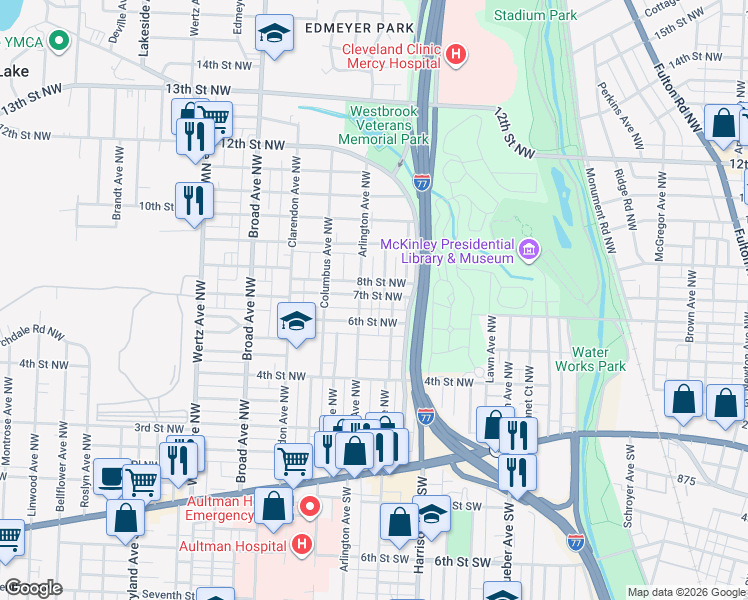 map of restaurants, bars, coffee shops, grocery stores, and more near 2403 6th Street Northwest in Canton
