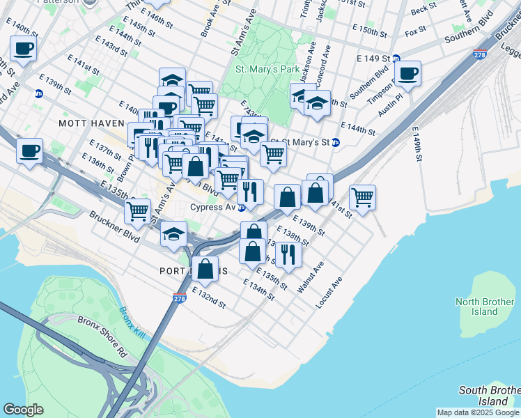map of restaurants, bars, coffee shops, grocery stores, and more near Jackson Avenue in The Bronx