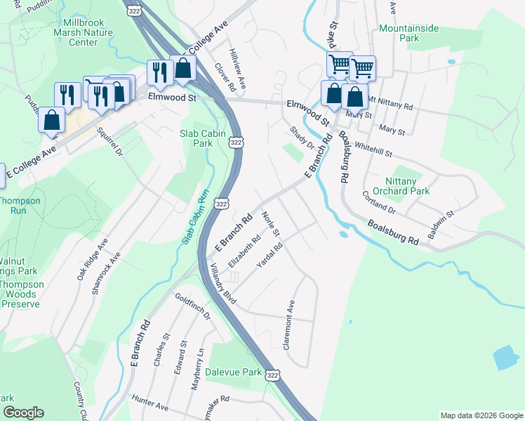 map of restaurants, bars, coffee shops, grocery stores, and more near 100 Norle Street in State College