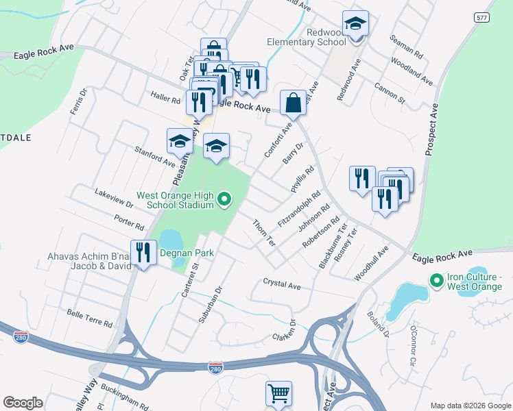 map of restaurants, bars, coffee shops, grocery stores, and more near 45 Thorn Terrace in West Orange