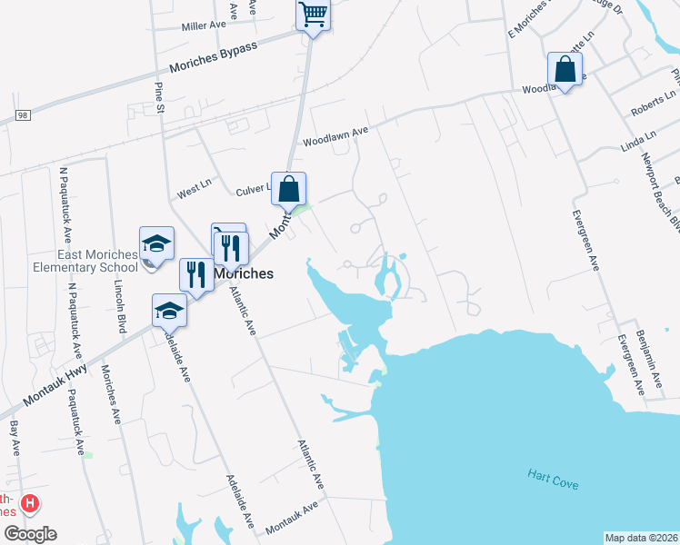map of restaurants, bars, coffee shops, grocery stores, and more near 62 Pameeches Path in East Moriches