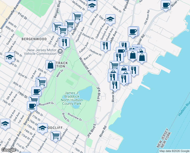 map of restaurants, bars, coffee shops, grocery stores, and more near 10 Woodcliff Avenue in North Bergen