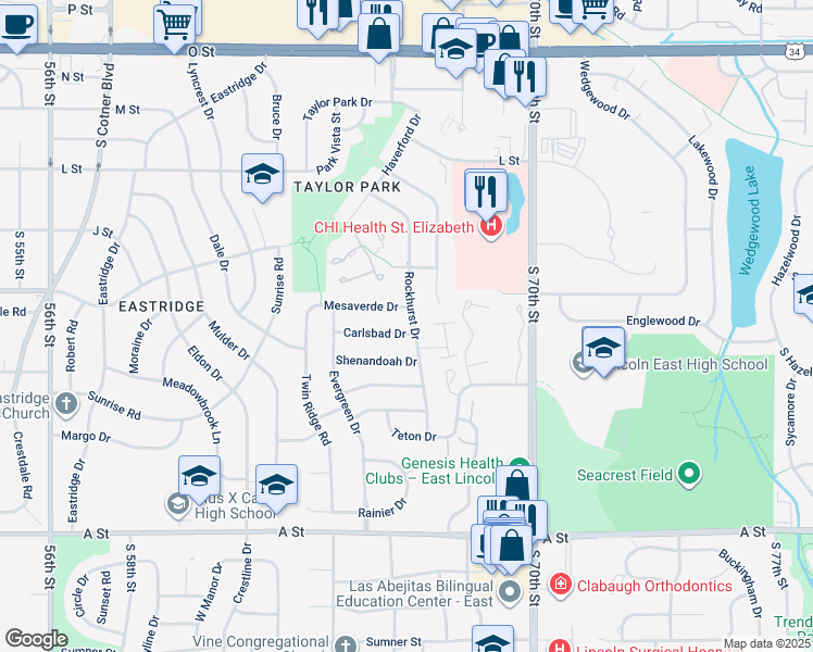 map of restaurants, bars, coffee shops, grocery stores, and more near 6530 Carlsbad Drive in Lincoln