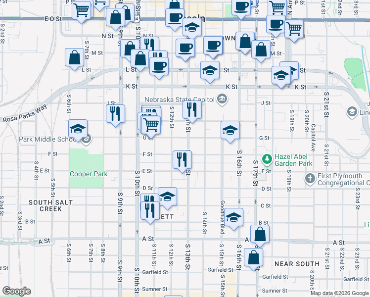 map of restaurants, bars, coffee shops, grocery stores, and more near 833 South 13th Street in Lincoln