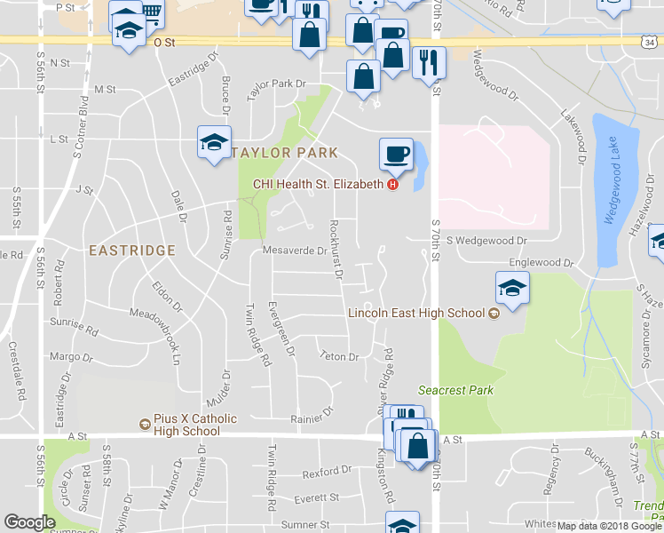 map of restaurants, bars, coffee shops, grocery stores, and more near 6530 Carlsbad Drive in Lincoln