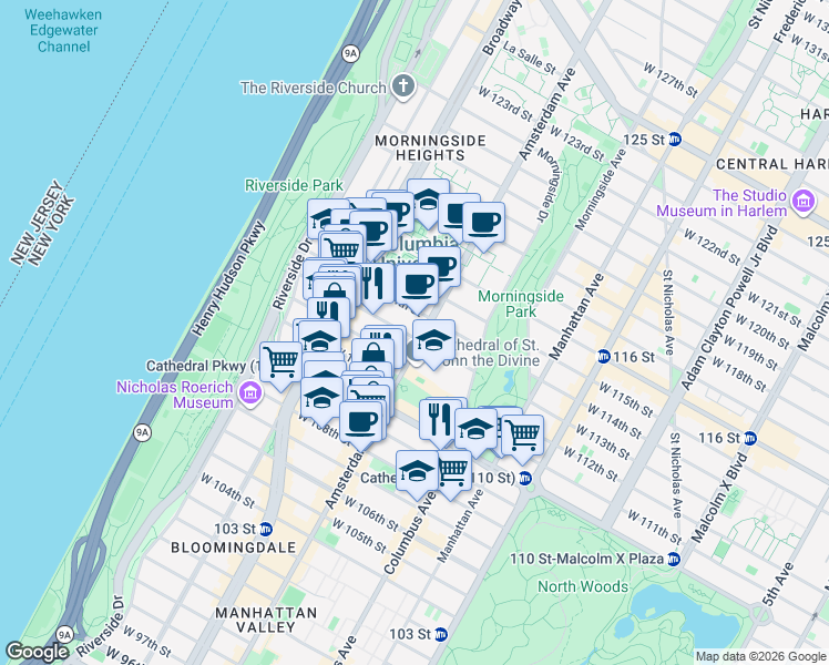 map of restaurants, bars, coffee shops, grocery stores, and more near 501 West 113th Street in New York