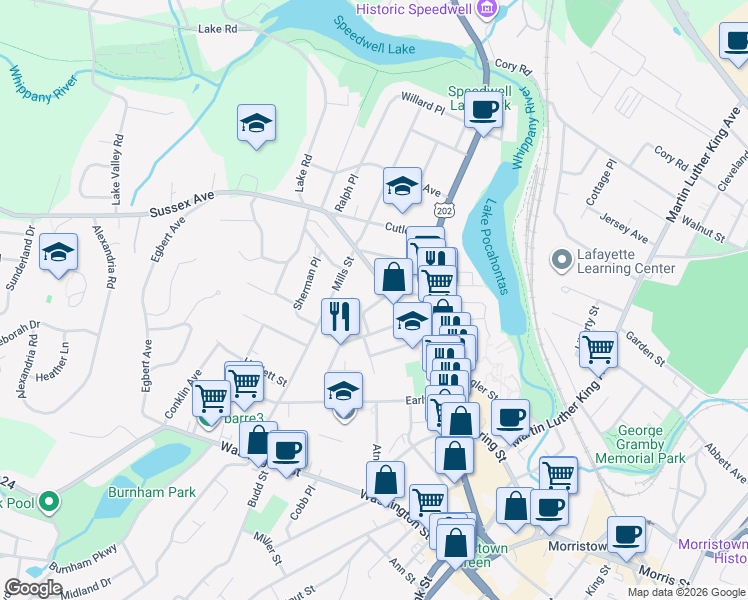 map of restaurants, bars, coffee shops, grocery stores, and more near 20 Cleveland Street in Morristown