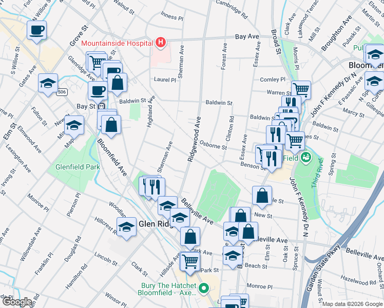 map of restaurants, bars, coffee shops, grocery stores, and more near 24 Wildwood Terrace in Glen Ridge