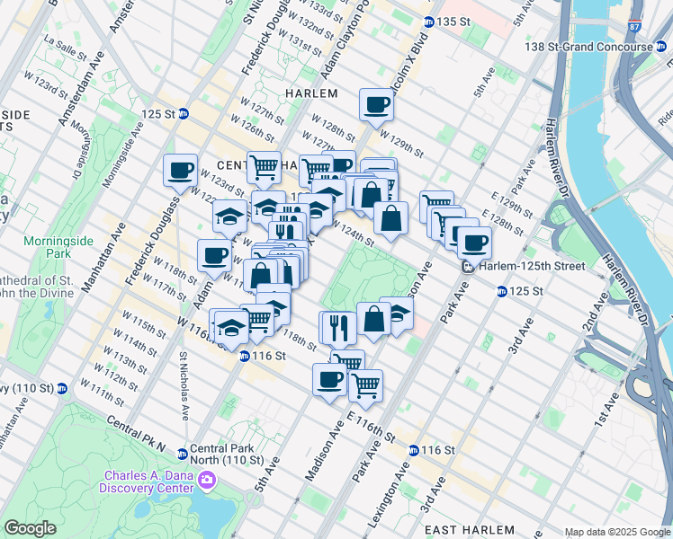 map of restaurants, bars, coffee shops, grocery stores, and more near Mount Morris Park West in New York