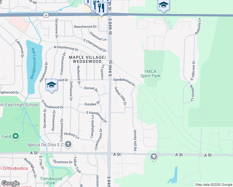 map of restaurants, bars, coffee shops, grocery stores, and more near 733 Indian Hills Drive in Lincoln