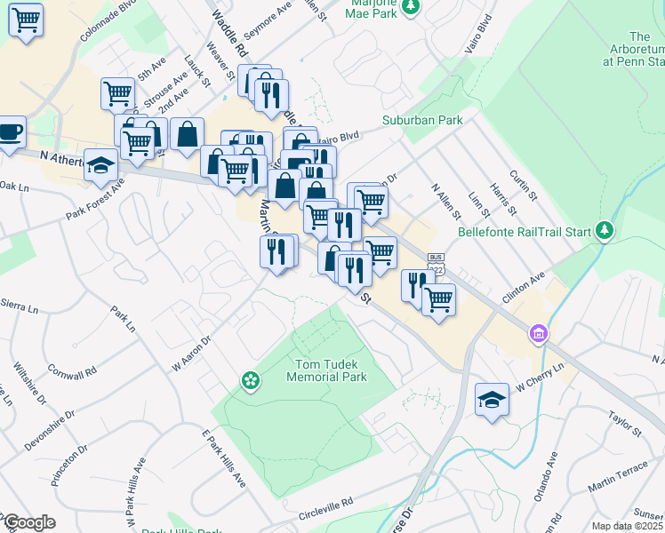 map of restaurants, bars, coffee shops, grocery stores, and more near 542 Martin Street in State College