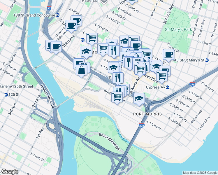 map of restaurants, bars, coffee shops, grocery stores, and more near 119 Brook Avenue in The Bronx