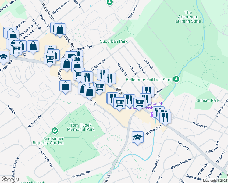 map of restaurants, bars, coffee shops, grocery stores, and more near 1408 North Atherton Street in State College