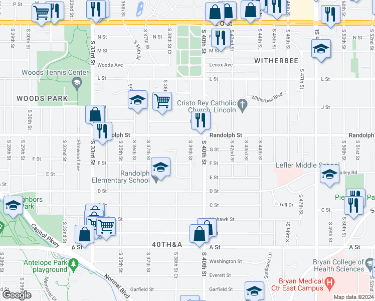 map of restaurants, bars, coffee shops, grocery stores, and more near 855 South 39th Street in Lincoln