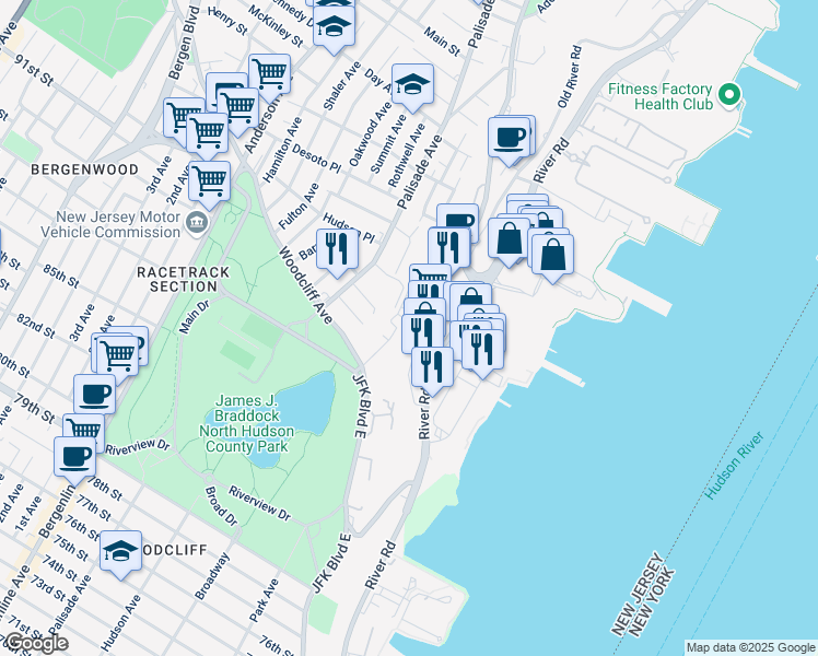 map of restaurants, bars, coffee shops, grocery stores, and more near 9032 Wall Street in North Bergen