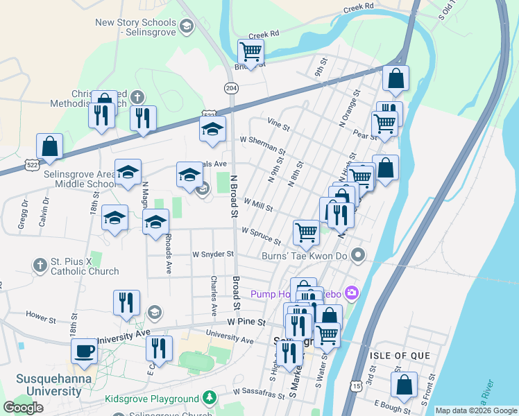 map of restaurants, bars, coffee shops, grocery stores, and more near 501 North 9th Street in Selinsgrove