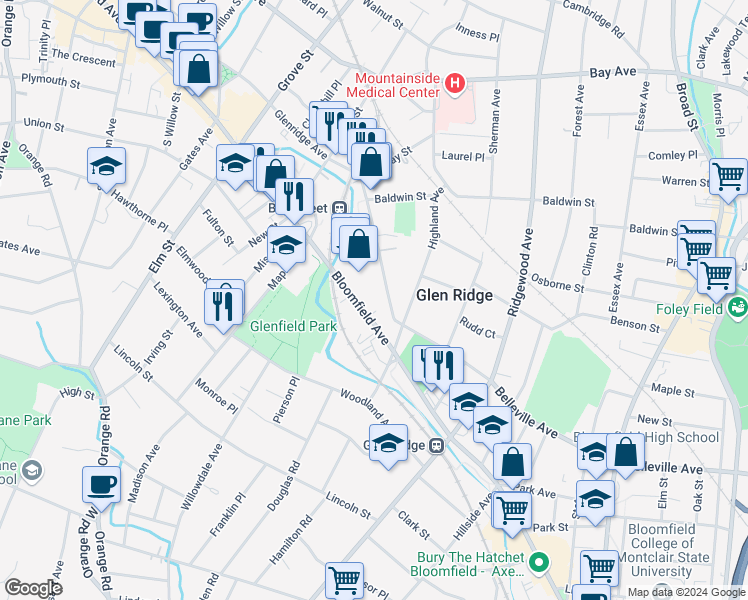 map of restaurants, bars, coffee shops, grocery stores, and more near 971 Bloomfield Avenue in Glen Ridge