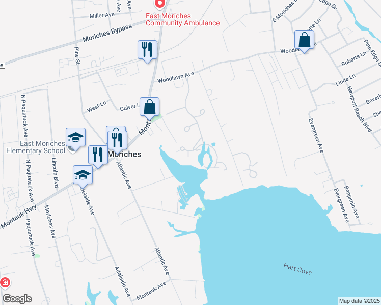 map of restaurants, bars, coffee shops, grocery stores, and more near 47 Pameeches Path in East Moriches