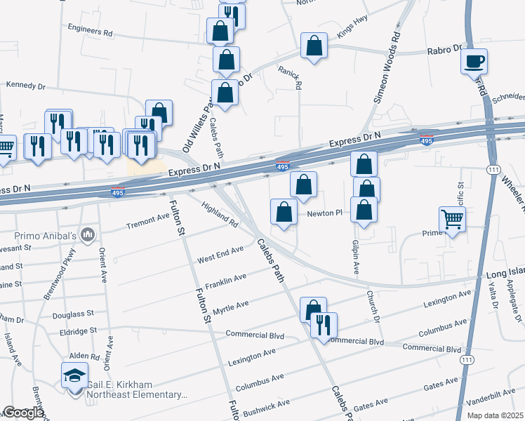 map of restaurants, bars, coffee shops, grocery stores, and more near 1740 Express Drive South in Hauppauge