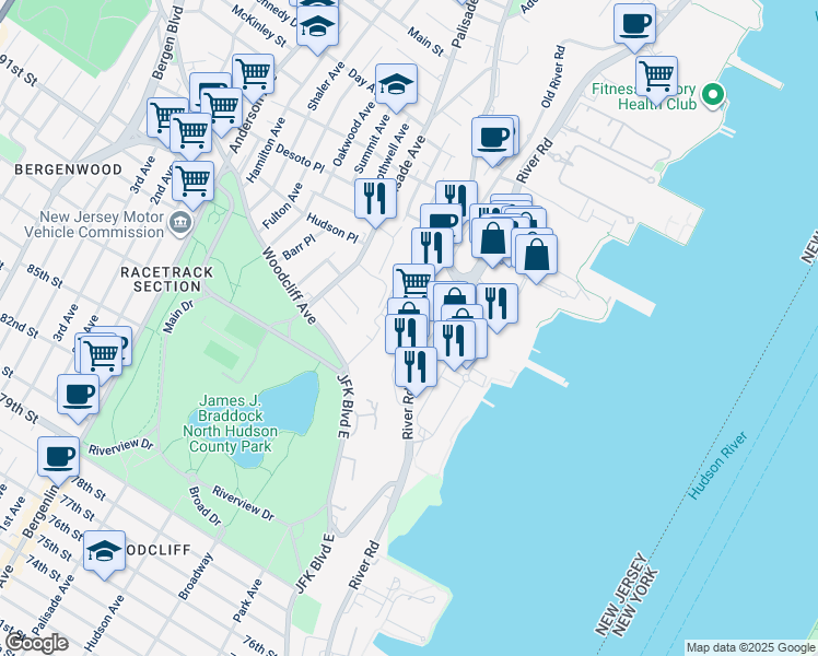 map of restaurants, bars, coffee shops, grocery stores, and more near 8905 River Road in North Bergen