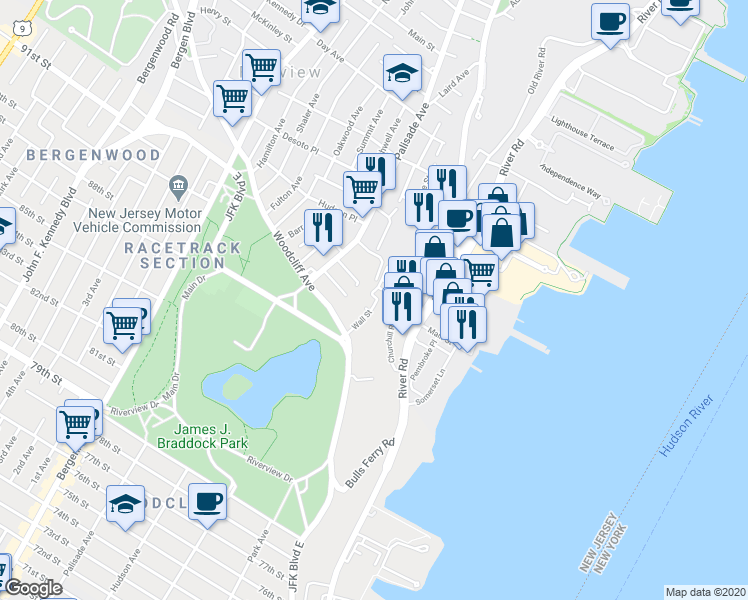 map of restaurants, bars, coffee shops, grocery stores, and more near 9032 Wall Street in North Bergen