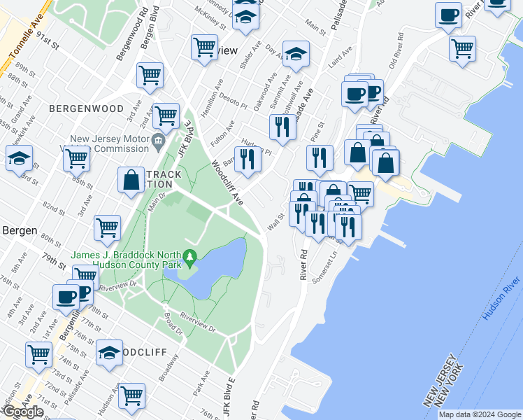 map of restaurants, bars, coffee shops, grocery stores, and more near 10 Woodcliff Avenue in North Bergen