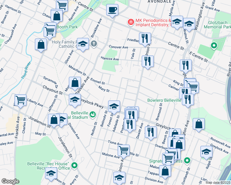 map of restaurants, bars, coffee shops, grocery stores, and more near 201 Adelaide Street in Belleville