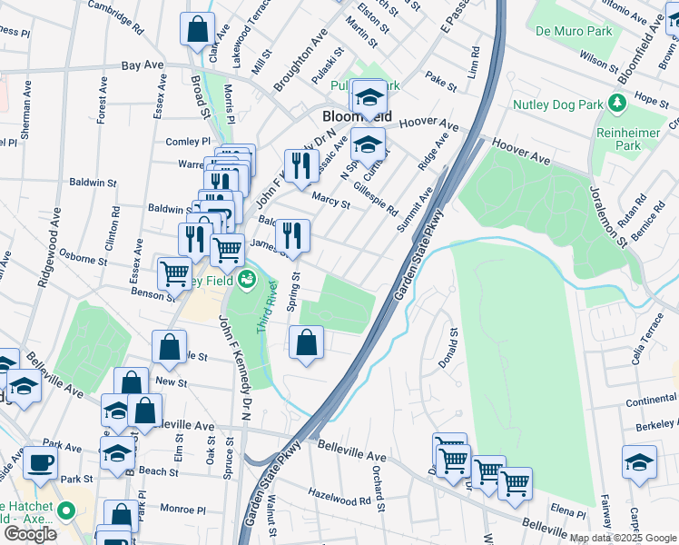 map of restaurants, bars, coffee shops, grocery stores, and more near 1 Ridge Avenue in Bloomfield