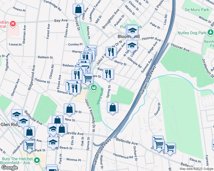 map of restaurants, bars, coffee shops, grocery stores, and more near 31 Spring Street in Bloomfield