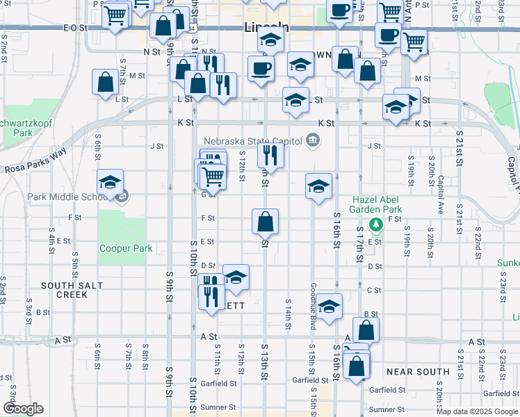 map of restaurants, bars, coffee shops, grocery stores, and more near 1209 F Street in Lincoln