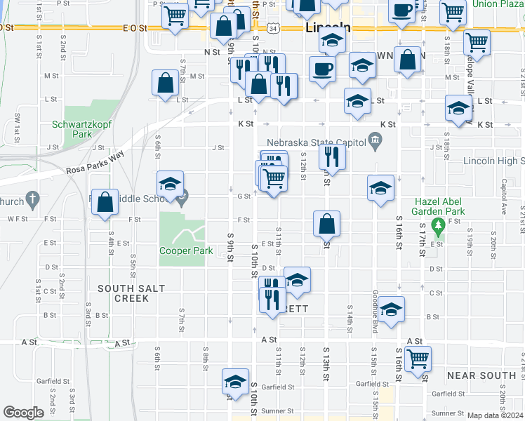 map of restaurants, bars, coffee shops, grocery stores, and more near 908 South 10th Street in Lincoln