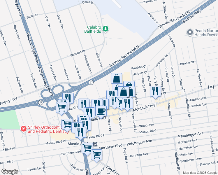map of restaurants, bars, coffee shops, grocery stores, and more near 261 McGraw Street in Shirley
