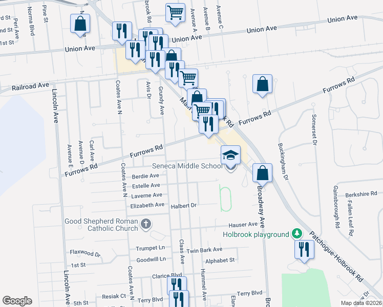 map of restaurants, bars, coffee shops, grocery stores, and more near 1606 Hiram Avenue in Holbrook