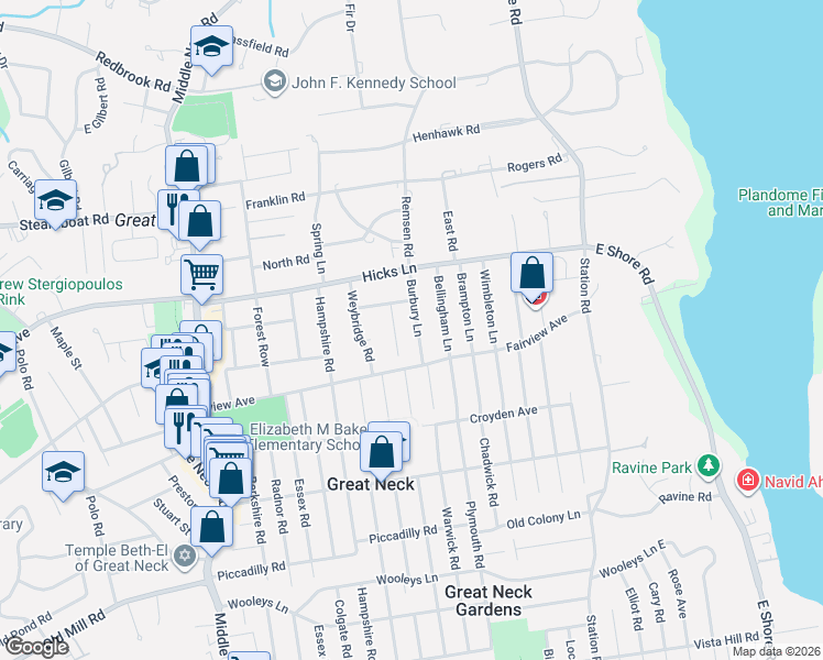 map of restaurants, bars, coffee shops, grocery stores, and more near 3 Burbury Lane in Great Neck