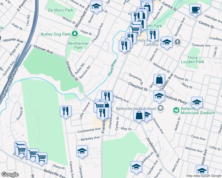 map of restaurants, bars, coffee shops, grocery stores, and more near 429 Franklin Avenue in Belleville