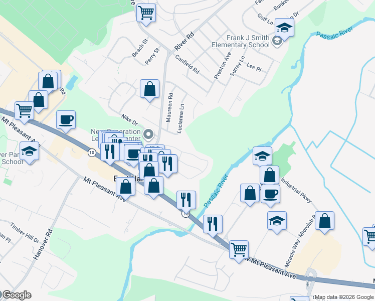 map of restaurants, bars, coffee shops, grocery stores, and more near 14 Queensbridge Drive in East Hanover