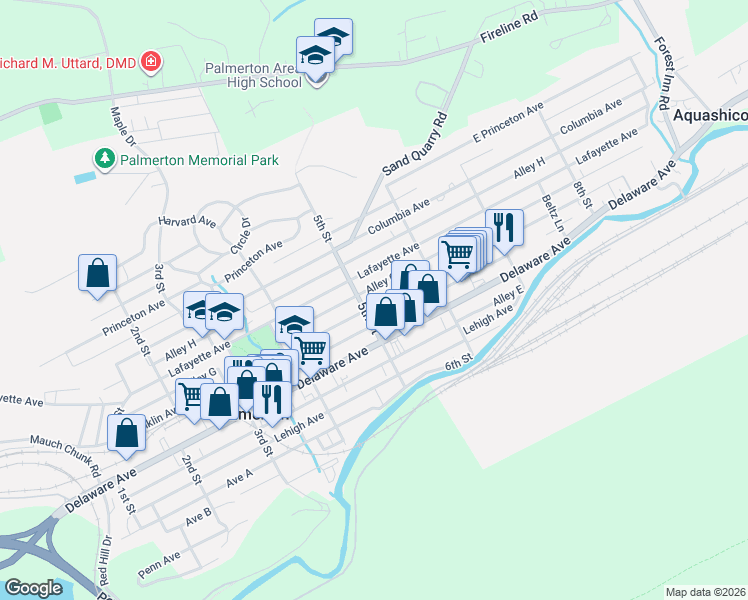 map of restaurants, bars, coffee shops, grocery stores, and more near 493 Delaware Avenue in Palmerton