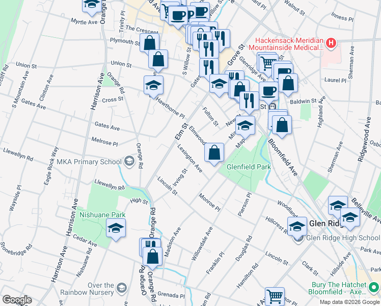 map of restaurants, bars, coffee shops, grocery stores, and more near 45 Irving Street in Montclair