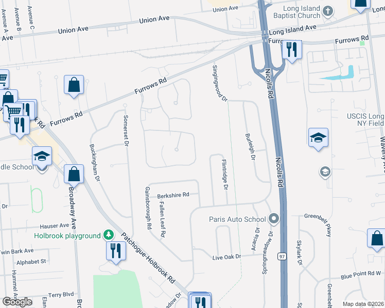 map of restaurants, bars, coffee shops, grocery stores, and more near 112 Colony Drive in Holbrook