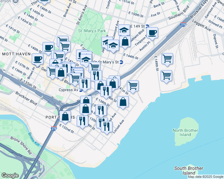 map of restaurants, bars, coffee shops, grocery stores, and more near 805 East 139th Street in Bronx