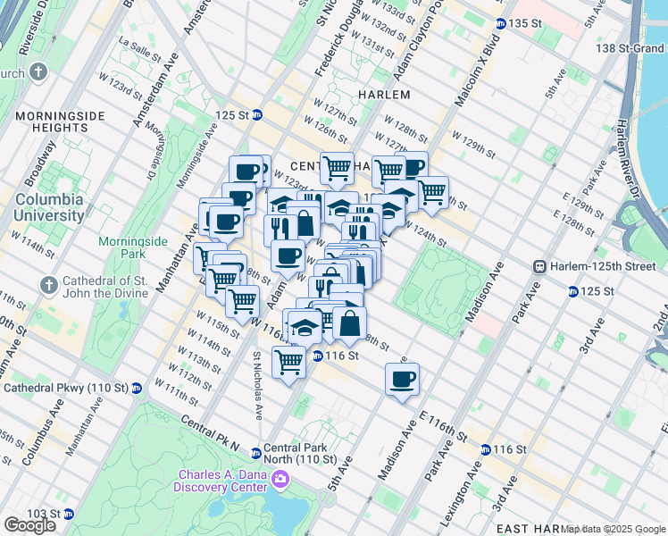 map of restaurants, bars, coffee shops, grocery stores, and more near 121 West 120th Street in New York