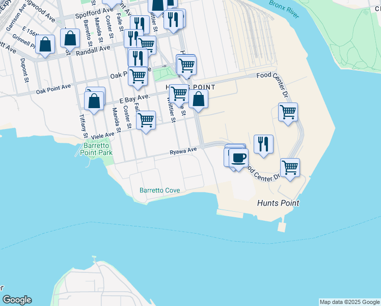 map of restaurants, bars, coffee shops, grocery stores, and more near Ryawa Avenue in Bronx
