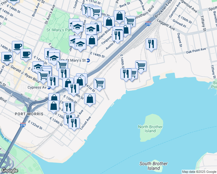 map of restaurants, bars, coffee shops, grocery stores, and more near 893 East 141st Street in The Bronx