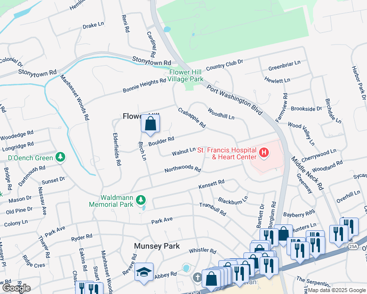 map of restaurants, bars, coffee shops, grocery stores, and more near 150 Boulder Road in Manhasset