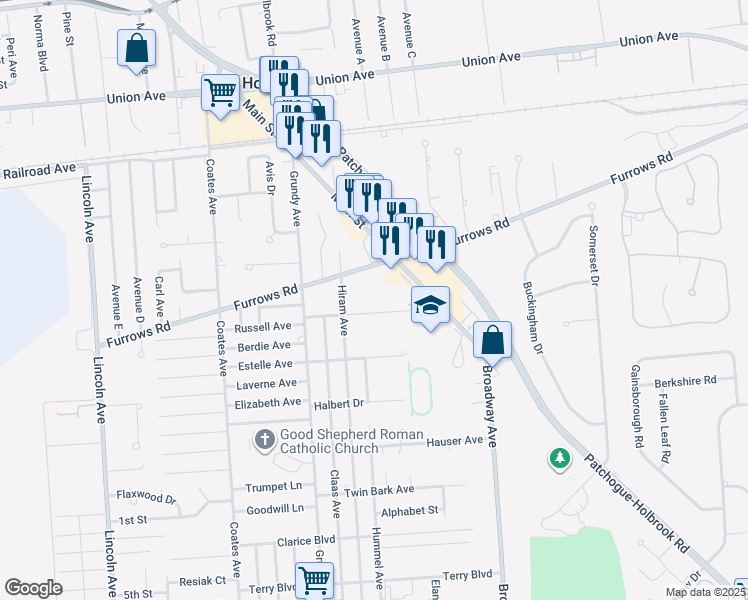 map of restaurants, bars, coffee shops, grocery stores, and more near 357 Mohawk Place in Holbrook