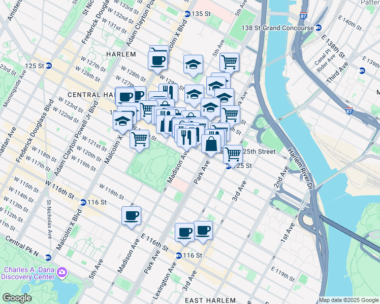 map of restaurants, bars, coffee shops, grocery stores, and more near 25 East 124th Street in New York